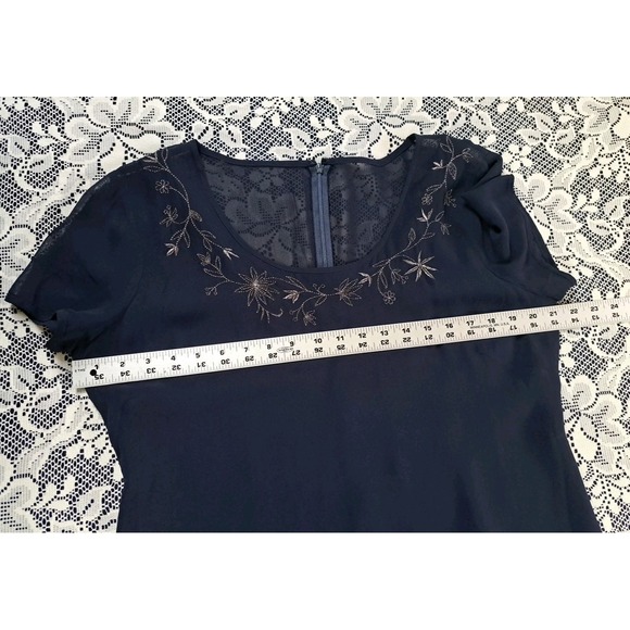 Liz Claiborne Dress Women's 14 Navy Blue Sheer Overlay Embroidered Neckline Zip - Picture 8 of 13